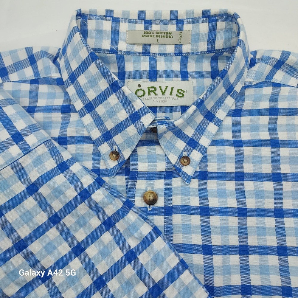 Orvis Mens Blue White Gingham Check Cotton Button Down Shirt Large Long Sleeve